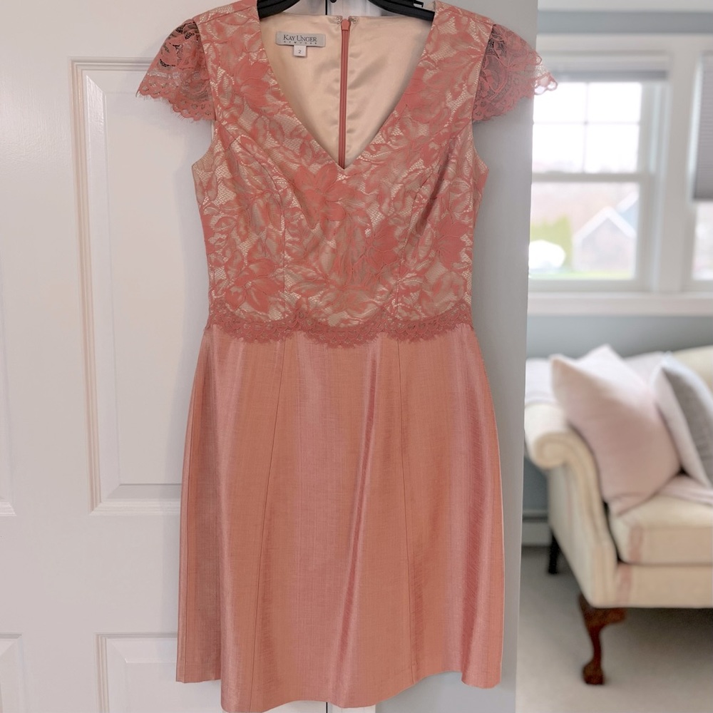 Kay Unger Coral Lace Fit & Flare Dress